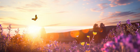 Art Wild flowers in a meadow at sunset. Macro image, shallow depth of field. Abstract august summer nature backgroundの素材