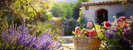art blooming flowers near the rural house in Provence, summer countryside backgroundの素材