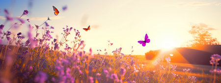 Art Wild flowers in a meadow at sunset. Macro image, shallow depth of field. Abstract august summer nature backgroundの素材