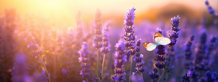 Beautiful natural pastel background. Butterfly and flower against on a background of sunriseの素材