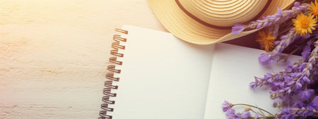 Blank writing book with summer flowers and a straw hat in the background, copy space. Flat lay with copy spaceの素材