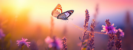 art Beautiful summer sunset background with blooming wild lovanda flowers and flying butterflies in a sunny meadowの素材