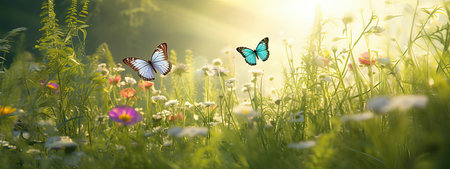 summer forest glade with flowering grass and butterflies on a sunny dayの素材