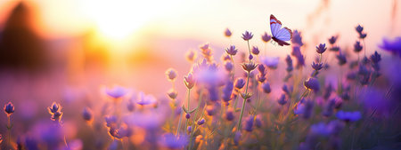 Wild flowers in a meadow at sunset. Macro image, shallow depth of field. Abstract summer backgroundの素材
