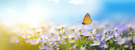 Beautiful blurred spring nature background with blooming meadow and blue sky on a sunny day. Butterfly and delicate blue flowersの素材