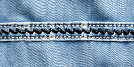 Blue denim background with a seam. Light blue color denim jeans fabric texture. Copy space for textの素材