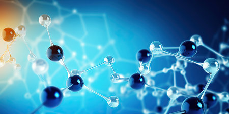 Horizontal banner with model of abstract molecular structure. Background of blue color with glass atom modelの素材