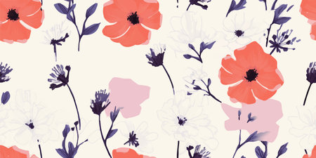 Hand drawn flowers, seamless patterns with floral for fabric, textiles, clothing, wrapping paper,...