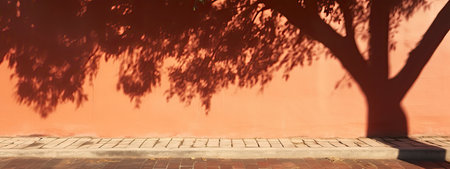 Tree shadow on terracotta red brown orange house wall and sidewalk. Exterior street outdoor. background. Space for product design object. Moskup stage template presentation. plant leaves nature.の素材