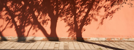 Tree shadow on terracotta red brown orange house wall and sidewalk. Exterior street outdoor. background. Space for product design object. Moskup stage template presentation. plant leaves nature.の素材