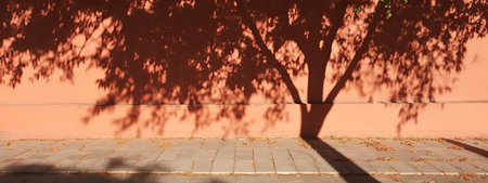 Tree shadow on terracotta red brown orange house wall and sidewalk. Exterior street outdoor. background. Space for product design object. Moskup stage template presentation. plant leaves nature.の素材