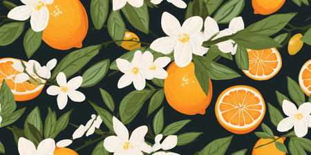 Orange vintage background, pattern. Vector illustrations of oranges with flowers, leaves for poster,...