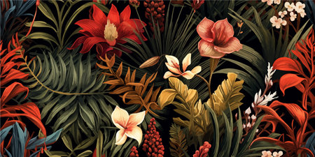 Vintage Flowers and leaves. Vector illustrations of fern, bird of paradise, black panther, palm leaf...
