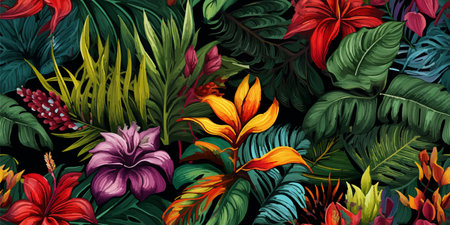 Vintage Flowers and leaves. Vector illustrations of fern, bird of paradise, black panther, palm leaf and tropical plants. Modern seamless pattern. fashionable template for designのイラスト素材