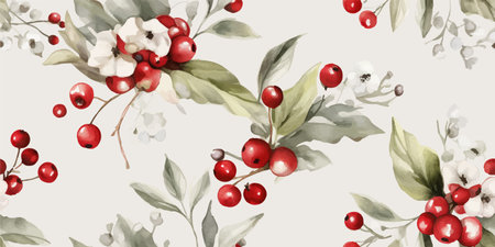 Seamless christmas pattern with berries and branches. Vintage vector print, Modern seamless pattern....