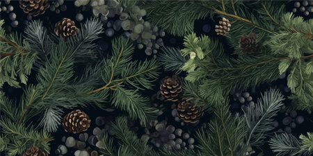 Vector seamless background with fir tree branches and cones.Seamless pattern