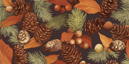 Seamless pattern. Hand drawn vector illustrations - Forest Autumn collection. Spruce branches, acorns, pine cones, fall leaves. Design elements for invitations, greeting cards, quotes, prints, fabricのイラスト素材