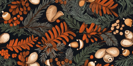 Colorful floral pattern, thistles, leaves, mushrooms in autumnal hues on a dark background. Autumn...