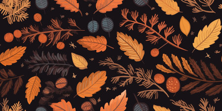 Autumn seamless pattern with different with autumn elements, leaves and plants, seasonal colors. Perfect for greetings, invitations, manufacture wrapping paper, textile, weddingのイラスト素材