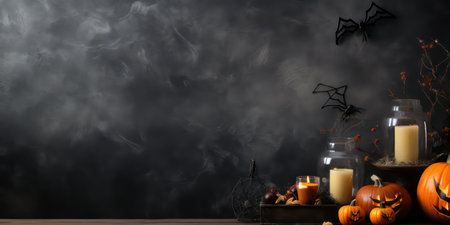 Halloween dark background pumpkin with candles, smoke and bats on black background. Big spooky helloween symbol. empty space for textの素材