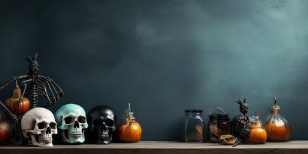 Halloween dark background pumpkin with candles, smoke and bats on black background. Big spooky helloween symbol. empty space for textの素材