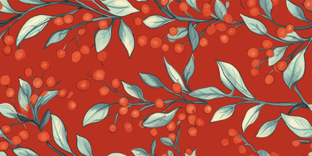 Christmas holly berries seamless pattern for gift wrapping paper, festive design, traditional background. Modern vector textureのイラスト素材