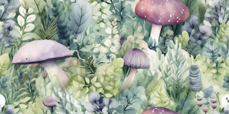 Seamless autumn pattern with muted colors forest leaves, mushrooms, plants and flowers among ferns and foliage, soft muted pastelsのイラスト素材