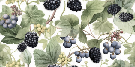 Watercolor seamless rustic pattern with wild berries, blackberries and brambles, twigs and leaves. Floral drawn background for design, fabric, paper, wallpaper, packagingのイラスト素材