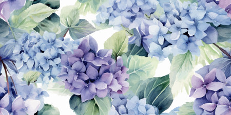 Floral seamless pattern vector blue and white hydrangea flowers on white background. Floral...