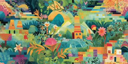 Hilly colorful landscape with mountains, lake, ship, balloon and clouds. vector seamless pattern. Creative texture for fabric, wrapping, textile, wallpaper, apparel. hand drawn illustration.のイラスト素材