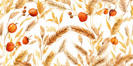 Seamless vector pattern Happy Autum, Harvest, Autumn seamless pattern with pumpkins and seasonal elements. Vector vintage illustration. Warm colorのイラスト素材