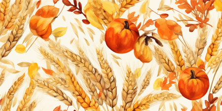 Seamless vector pattern Happy Autum, Harvest, Autumn seamless pattern with pumpkins and seasonal elements. Vector vintage illustration. Warm colorのイラスト素材