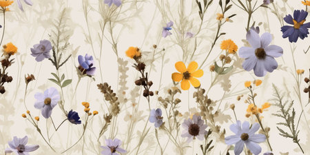 Modern contemporary Seamless pattern with ethereal wildflowers, leaves. vintage dry pressed wild flower plants, grass. Nature floral background. Texture for Cloth, Textile, Wallpaper, fashion printsのイラスト素材