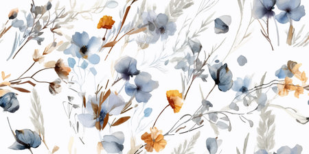 Wild dry floral seamless vector pattern with blue, white and beige flowers. Perfect for fabric,...