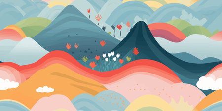 Abstract mountain landscape seamless pattern. Colorful wave background set with geometric textures and nature environment shapes.のイラスト素材