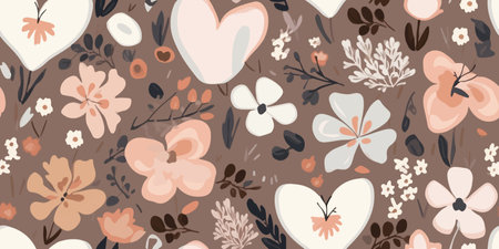 Brown Taupe Floral botanical and heart seamless pattern background suitable for fashion prints, graphics, backgrounds and craftsのイラスト素材