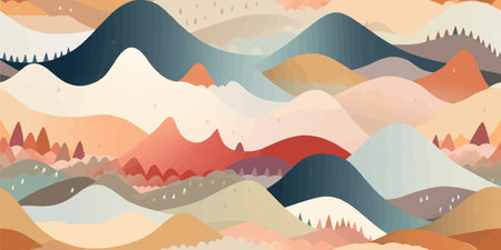 Abstract mountain landscape seamless pattern. Colorful wave background set with geometric textures and nature environment shapes.のイラスト素材