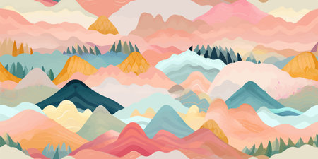 Abstract mountain landscape seamless pattern. Colorful wave background set with geometric textures and nature environment shapes.のイラスト素材