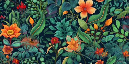 Seamless botanical floral pattern, bright flowers on a dark background, mysterious jungle for...