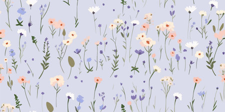 Wildflower seamless pattern with outline florals. Retro style print design with hand drawn doodle flowers in rustic colors. Simple field floral patterns for wallpaper, packaging, fabric designのイラスト素材
