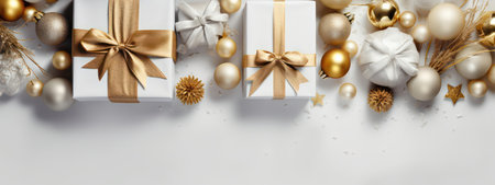 Merry Christmas and Happy New Year. Wide White Background, banner Xmas design of gold white Christmas balls, gifts box, glitter gold confetti. Christmas poster, greeting cards. Holiday compositionの素材