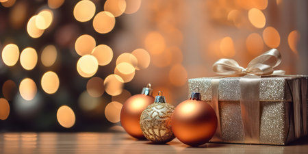 Christmas and new year background, gift boxes, Christmas balls, Christmas tree, pine branches on the background of bokeh garlandsの素材