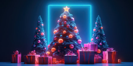 Glowing Christmas Tree light effect for christmas gritting card.. Digital tree for abstract card for New Year greetings. Cyber technology tree in a futuristic styleの素材