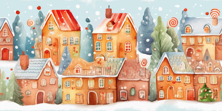 Seamless pattern Winter houses ,landscape,Celebrating Christmas and New Year in City. Vector seamless pattern, winter wonderland in countrysideのイラスト素材