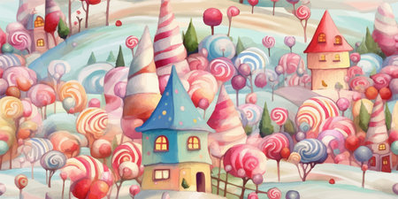 Fairytale houses with candy canes seamless pattern with cookies, snowflakes, vibrant background. Winter holidays fairytale, candy fir trees, candy canes, festive, treats, new year, Christmas marketのイラスト素材