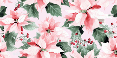 Pink vintage Christmas seamless pattern for fabric, Pink holly flowers, poinsettia flower digital paper, Christmas flower repeat background for wrapping paper, home decor, packaging, textileのイラスト素材