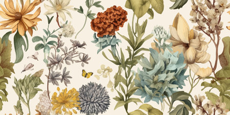 Vintage floral watercolor botanical Vector illustration of flowers, plants and leaves, for background, pattern or posterのイラスト素材