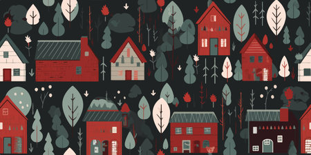 Seamless pattern with trees flowers, plants, country houses on a black background. illustration for design card, invitation, wallpaper, wrapping paperのイラスト素材