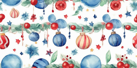 Christmas vintage watercolor seamless pattern on white with retro balls, vector holiday background in flat style for fabric, textile, wrapping paper, wallpaperのイラスト素材