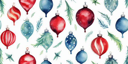 Christmas vintage watercolor seamless pattern on white with retro balls, vector holiday background in flat style for fabric, textile, wrapping paper, wallpaperのイラスト素材